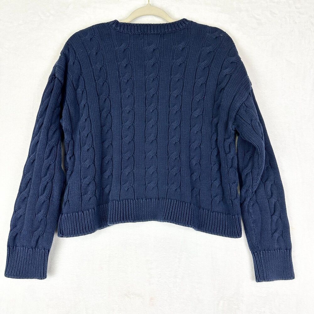 Lauren Ralph Lauren Cropped Cable Knit Sweater Size XL Navy Blue Cotton Classic - Picture 2 of 4